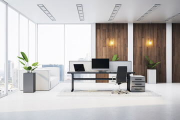 Aufkleber - Modern luxury executive office interior with large windows, clean white floor, wood panel wall, stylish furniture and comfortable ambiance. 3D Rendering