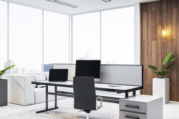 Poster - Modern executive office interior with city view, minimalist furniture, elegant lighting, and clean workspace featuring desk and chair setup. 3D Rendering