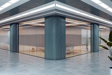 Poster - Modern glass-walled office corridor corner with large columns, clean flooring, and overhead lighting in a sleek business interior design space. 3D Rendering