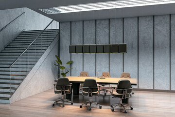Poster - Modern minimalist conference room interior with concrete walls, wooden desk, leather chairs, and ceiling lights in corporate office setting. 3D Rendering