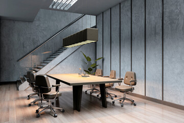Poster - Modern empty boardroom interior with sleek furniture, minimalist design and natural lighting in spacious office workspace environment. 3D Rendering