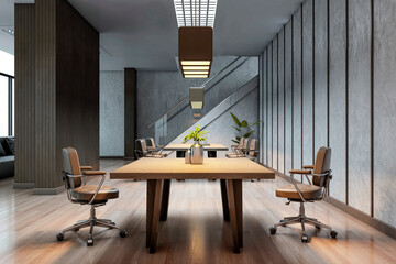 Poster - Sleek modern empty conference room interior with wooden tables, office chairs, and bright lighting in a professional corporate setting. 3D Rendering