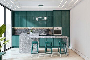 Poster - Stylish contemporary kitchen interior with green cabinets, terrazzo counter, and city view through large window during backlit sunset moment. 3D Rendering