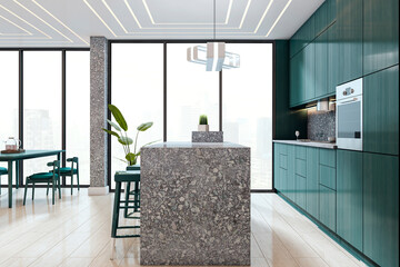 Poster - Modern teal kitchen interior with stone island and panoramic city view from large windows in stylish high-rise apartment space. 3D Rendering