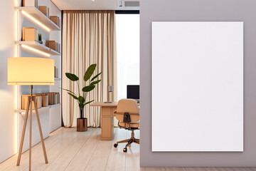 Poster - Modern executive office interior with stylish desk, bookshelves, and blank wall canvas in cozy contemporary workspace environment. 3D Rendering