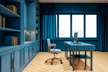 Poster - Modern executive office interior with blue decor, wooden floor, elegant furniture and large window in contemporary luxury workspace setting. 3D Rendering