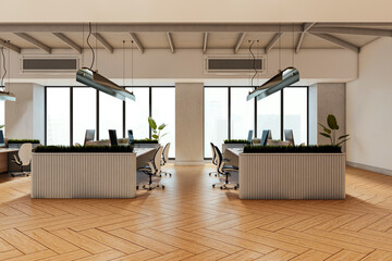 Poster - Modern spacious office interior with minimalist executive desks, stylish chairs, and wooden parquet flooring in a bright corporate workspace. 3D Rendering