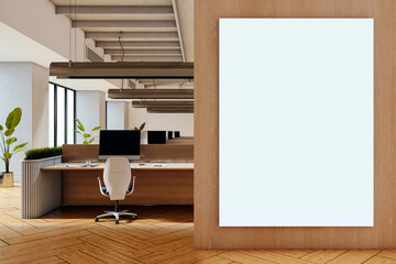 Poster - Modern open office interior with vertical blank canvas frame on wooden wall for corporate advertising or workplace banner presentation mockup. 3D Rendering