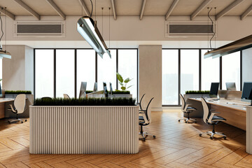 Poster - Modern bright executive office interior with wooden parquet floor, minimalist desks, and open workspace design with large windows and sunlight. 3D Rendering