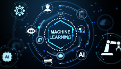 Poster - Machine learning concept with futuristic digital icons on dark virtual background representing artificial intelligence and neural network tech. 3D Rendering