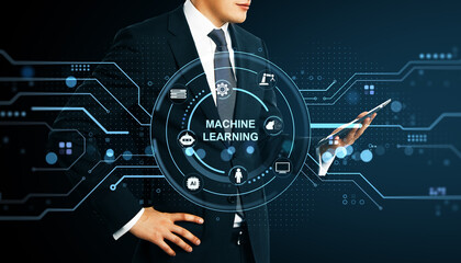Poster - Businessman holding tablet with machine learning interface and futuristic digital elements on dark background representing AI technology concept.