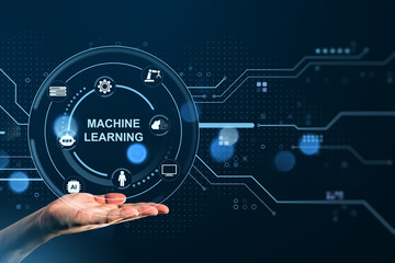 Poster - Machine learning digital interface with AI icons displayed above a human hand on blue futuristic background representing online technology concept.