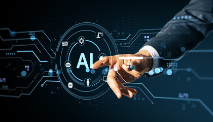 Poster - Businessman hand touching AI interface with futuristic digital icons on dark background representing artificial intelligence and data technology.