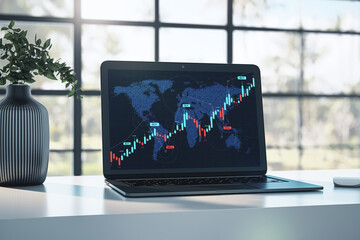 Aufkleber - Laptop displaying global financial chart with forex market analysis on desk in modern office with natural light and blurred background. 3D Rendering