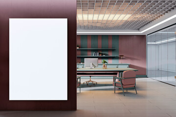 Poster - Vertical blank poster mockup on dark wood wall in modern executive office interior with stylish furniture and glass wall background. 3D Rendering