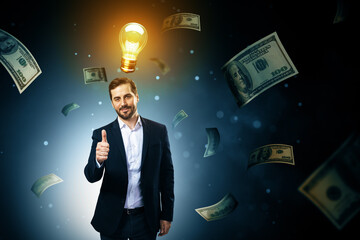 Poster - Businessman giving thumbs up under glowing lightbulb with floating money on dark background, symbolizing success and creative idea concept.