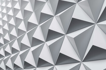 Poster - Geometric triangular wall panels with crystal-like abstract pattern in modern monochrome design, showing futuristic architectural texture view. 3D Rendering
