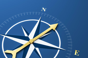 Poster - Golden compass arrow pointing north on a blue background with detailed markings and modern design representing navigation and business direction. 3D Rendering