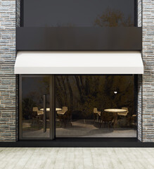 Poster - Modern store facade with glass entrance and white awning on a brick exterior, showcasing empty interior seating and tree reflections outside. 3D Rendering