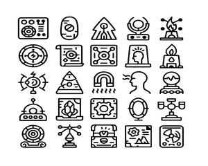 Poster - Intricate and diverse icon set depicting various technology and scientific concepts, rendered in a clean and modern line style