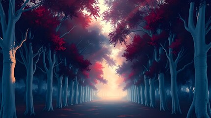 Wall Mural - A vivid forest scene showcases a pathway surrounded by tall trees with deep red leaves, illuminated by a soft light at the horizon. 