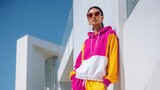 young person wearing bold colorblock sportswear set, standing in a sunlit architectural environment, modern athletic summer style