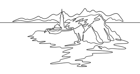 Poster - Continuous one line drawing lighthouse on a rocky cliff. Lighthouse on the seashore.One continuous line isolated minimal illustration.Not AI.