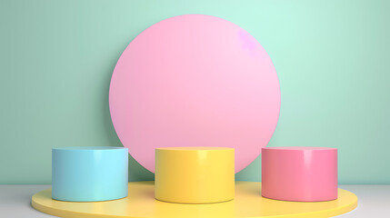 Poster - Three pastel colored cylindrical podiums are arranged on a yellow circular platform against a mint green background with a large pink circle behind them
