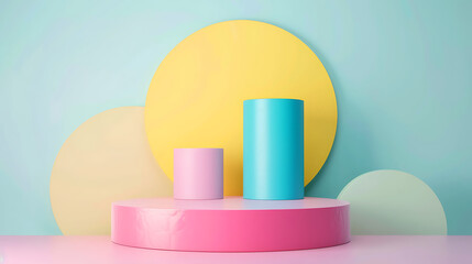 Poster - A pastel colored geometric display featuring pink, blue, yellow, and green cylinders and circles arranged on a pink podium against a light blue background