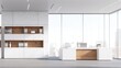 © hai - Modern minimalist office space with natural light, floor-to-ceiling windows, cityscape view, built-in shelving, sleek desk, laptop, potted plant, neutral tones, professional atmosphere.
