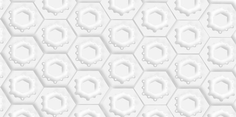 Poster - Seamless pattern of white hexagons with central hexagonal holes and decorative droplet accents design.