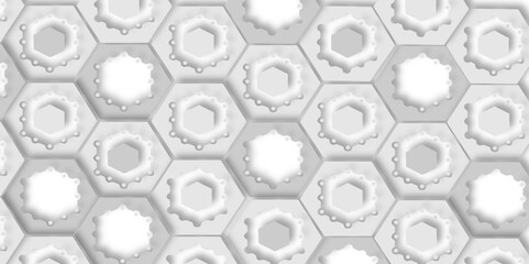 Poster - Seamless pattern of white hexagons with central hexagonal holes and decorative droplet accents design.