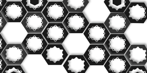 Aufkleber - Monochrome hexagonal pattern with circular designs in alternating black and white arrangement style.
