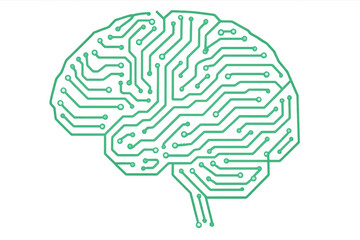 Poster - Green glowing circuit board shaped like a human brain represents the concept of artificial intelligence and machine learning