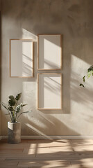 Leinwandbilder - Three blank wooden frames hang on a textured wall with a potted plant casting shadows on the floor in a modern interior setting, creating a minimalist and stylish home decor