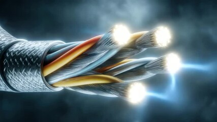 Poster - A close-up of a multi-colored electrical cable with four strands, each emitting energy.