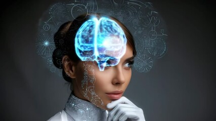 Poster - A beautiful woman wearing white gloves and with a glowing blue brain painted on her head, surrounded by a pattern of various scientific symbols on a grey background.