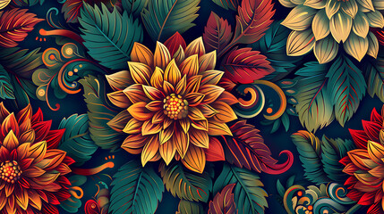 Poster - A vibrant and colorful floral pattern featuring dahlias and leaves in shades of orange, red, green, and yellow, creating an elegant and decorative botanical background