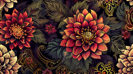 Poster - A beautiful seamless floral pattern with red and gold flowers, leaves, and paisley designs creating an elegant and decorative vintage style on a dark background