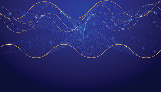 Abstract blue background with dynamic wave bubbles bright light particles modern isolated wave lines vector design.
