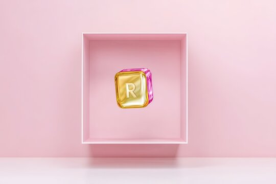 Gold Letter R Floating in Pink Cube