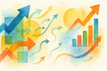 Poster - Colorful Abstract Illustration of Growth Arrows and Graphs in Watercolor Style