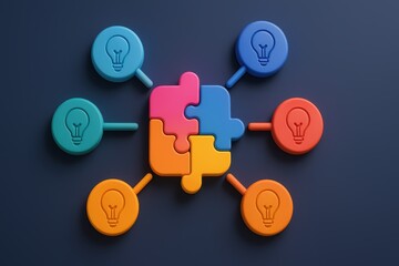 Poster - Colorful puzzle pieces connecting with light bulbs representing creativity and problem-solving ideas
