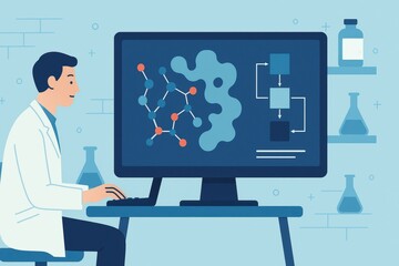 Poster - Scientist Analyzing Data on Computer in Laboratory Setting with Chemical Elements and Research Tools