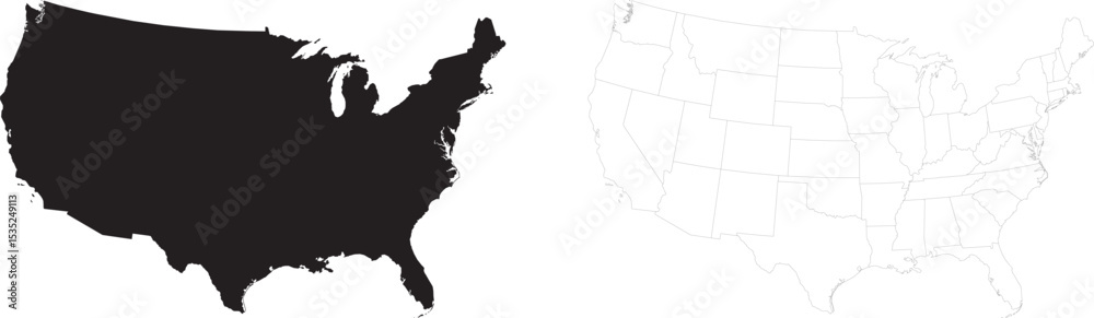 American map in black and outline style. USA map. United states of ...