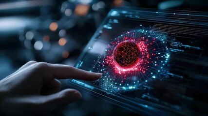 Poster - A hand interacts with a futuristic touchscreen displaying a digital neural network and glowing data visualization.