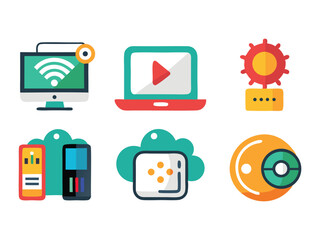 Poster - Collection of six colorful technology icons isolated on white background
