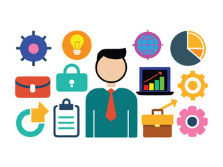 Poster - Businessman icon with various colorful business related icons isolated on white background
