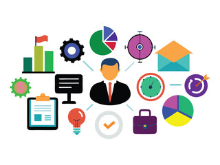 Poster - Businessman icon surrounded by colorful business graphics isolated on white background
