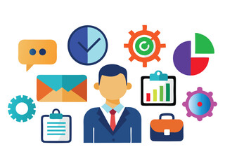 Poster - Businessman icon with surrounding colorful business elements isolated on white background
